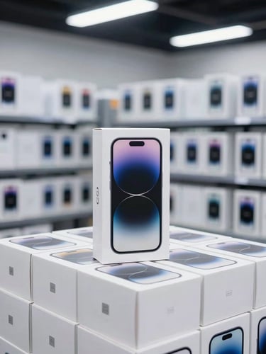Crisp commercial photography of sealed premium smartphone retail boxes stacked in a secure, modern logistics facility, cool studio lighting, sharp focus, 50mm lens