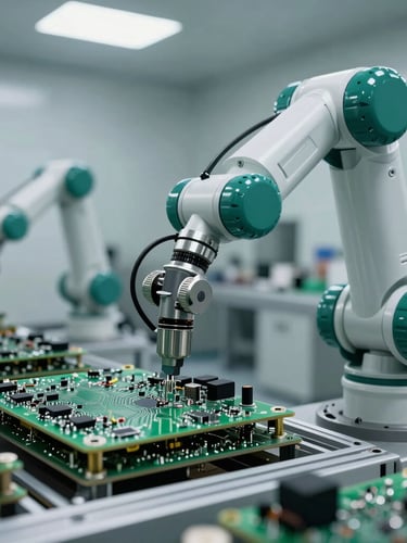 Tight macro shot of a robotic arm sorting circuit boards inside a clean, modern industrial recycling facility, cool clinical lighting with subtle emerald green accents.