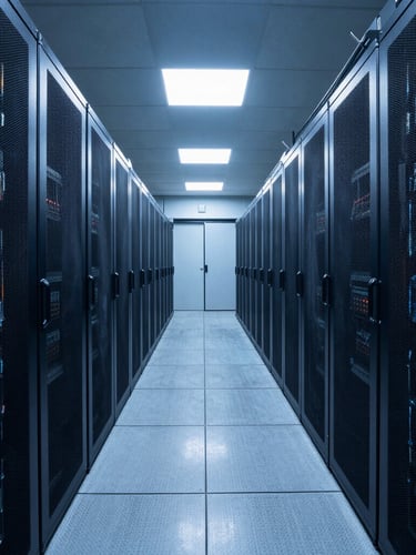 Wide architectural shot of a decommissioned data center corridor with cool blue ambient lighting, empty server racks, and clean steel floors.
