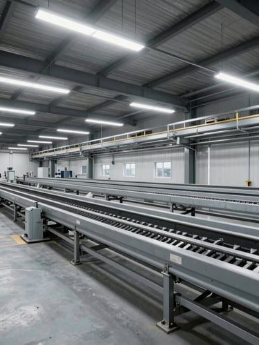 Wide-angle architectural shot of a clean, modern industrial recycling facility floor with clinical LED lighting and steel-gray processing lines.