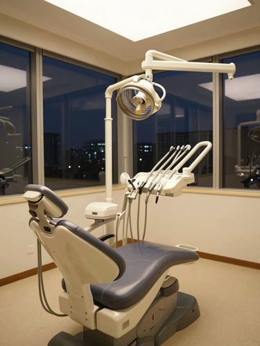 Wide angle view of a modern dental operatory at night, soft warm ambient lighting, pristine sterile equipment, large window showing dark city sky.