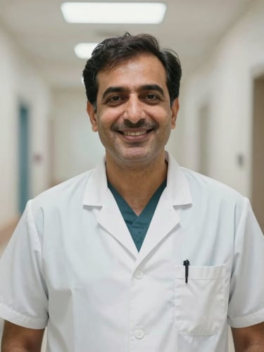Warm, candid portrait of Dr. Mohammed Imran Ali in clean clinical attire, smiling reassuringly in a softly lit modern clinic hallway