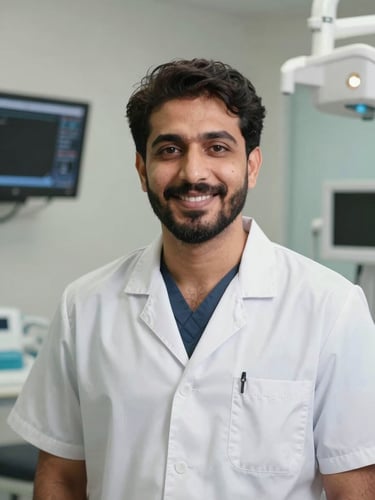 A warm portrait of Dr. Mohammed Imran Ali in clean clinical attire, smiling gently in a softly lit, modern dental studio.