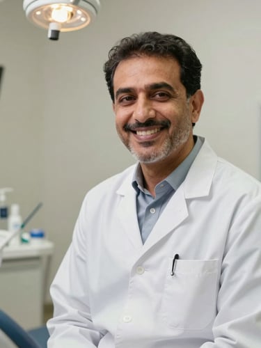 Medium shot of Dr. Mohammed Imran Ali in clean clinical attire, smiling warmly in a softly lit modern dental studio, medical authority, warm lighting.