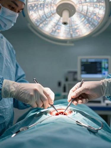Close-up of gloved surgeon's hands operating laparoscopic grasper and dissector through abdominal trocar ports, clinical operating-theater light from above, sterile draping visible at frame edges, sharp focus on instrument tips, no patient identifiers