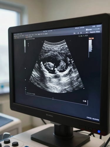 Detail of a pelvic ultrasound diagnostic screen displaying a high-contrast grayscale scan, clinical daylight from a side window, sterile room environment, no patient or staff faces, focus on the imaging monitor and transducer probe resting beside it