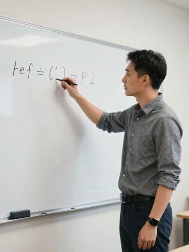 Medium shot of a male instructor mid-explanation at a whiteboard, right side of frame, pointing at a written equation, professional studio lighting, bright neutral background, focused teaching posture, no crowd