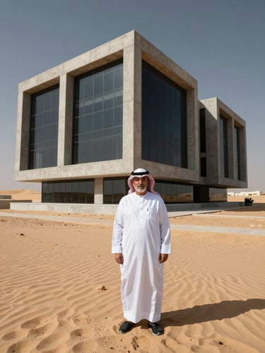 High-contrast architectural portrait of a senior Saudi engineer in a structured concrete and glass office, crisp desert daylight, warm sand tones.