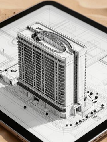 A highly detailed, complex 3D BIM architectural wireframe model displayed on a tablet, with a crisp modern Saudi commercial building facade visible in the background, sharp grid lines, technical blueprint aesthetic, high-contrast lighting.