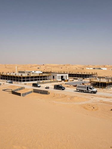 Wide-angle architectural shot of an active, highly organized construction site in Riyadh, crisp desert daylight, warm sand tones.