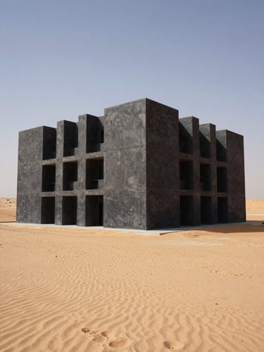 Wide-angle architectural shot of a modern geometric concrete building in Riyadh under high-contrast desert sunlight, clean lines, sharp shadows.