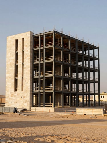 Crisp architectural portrait of a highly organized construction site in Riyadh, detailed structural steel framing adjacent to premium stone cladding, sharp geometric lines, warm late-afternoon desert sunlight.