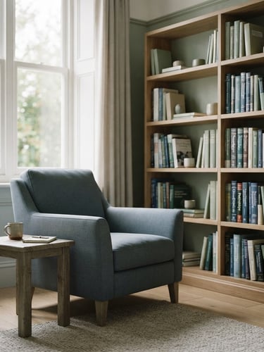 A bright, serene consultation room with soft natural window light, a comfortable armchair, and a bookshelf with medical literature, slate blue tones.