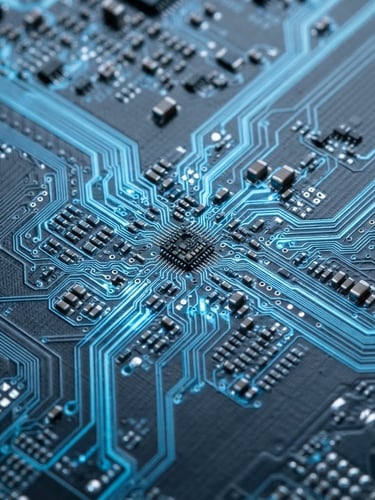 Extreme close-up macro photography of a multi-layer PCB, crisp trace paths illuminated with electric blue backlighting, sharp focus, 50mm lens, cool studio lighting