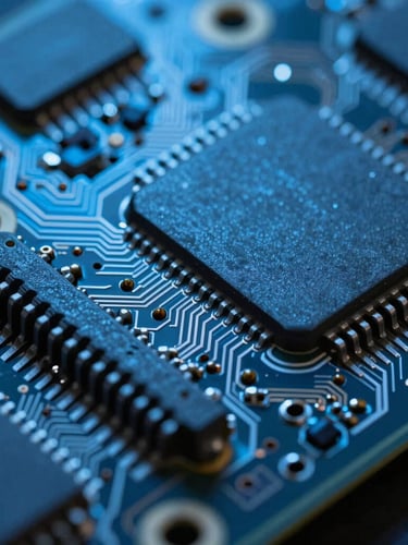 Extreme close-up flat-lay of a multi-layer PCB board, crisp copper traces reflecting cool blue studio light, deep slate substrate.