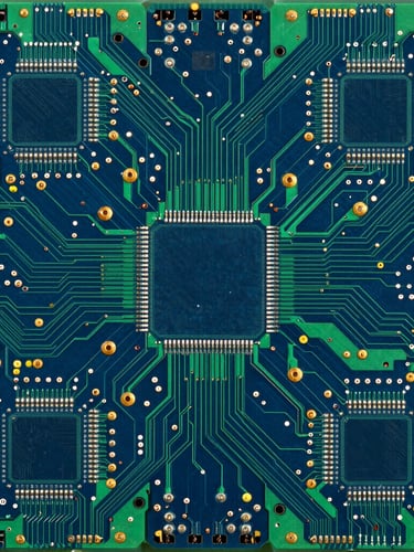 Overhead flat-lay shot of a dense, complex green and blue printed circuit board, highlighting gold-plated solder pads and high-density interconnect lines, sharp technical focus