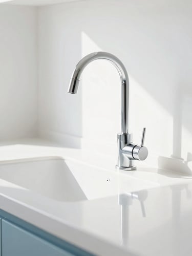 A close-up of a sparkling clean kitchen counter with natural light reflecting off a polished chrome faucet, bright and airy, 35mm lens