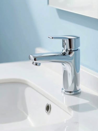 Close-up of a sparkling clean chrome bathroom faucet reflecting bright window light, clean white marble countertop, soft blue accents.