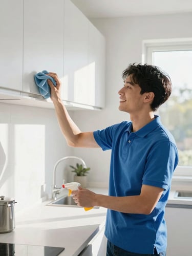 A smiling professional cleaner in a freshly pressed blue polo uniform, dusting a sunlit modern kitchen shelf, natural daylight pouring in.