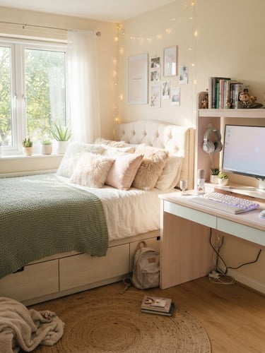 Bright, morning-lit teen bedroom featuring a pastel wood gaming desk with a monitor, and a full-size storage drawer bed with cozy-tactile faux fur pillows, sunlight streaming through a window, organized but lived-in feel.