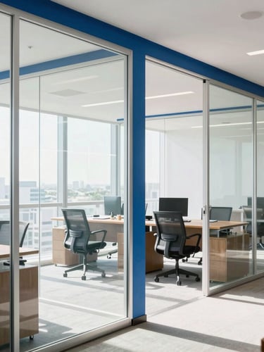 Bright natural daylight illuminating a modern corporate office in Florida, clean glass partitions, soft royal blue accents, architectural lines, 35mm photography