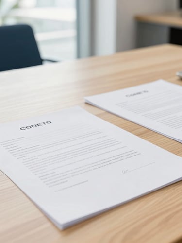 Close-up of signed contracts on a clean light oak table, bright natural Florida daylight, professional and precise atmosphere, 35mm.
