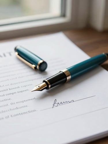 Close-up of elegant fountain pen resting on a signed corporate contract, soft natural window light, deep teal tones, shallow depth of field, 35mm
