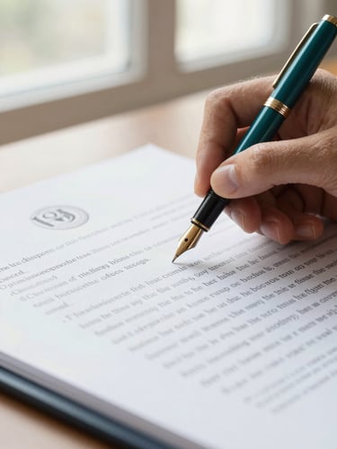 Close-up of a fountain pen signing a structured corporate contract, warm natural window light, deep teal and gold accents, 35mm
