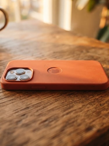 Close-up of a vibrant terracotta phone case resting on a warm wooden table, golden-hour natural light, shallow depth of field, 35mm lens, product texture visible, wide shot cropped tight, panoramic 21:9 frame.