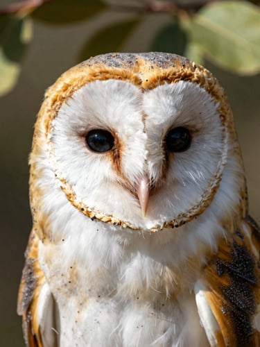 Intimate close-up portrait of a rescued barn owl, warm natural sunlight filtering through leaves, soft outdoor shadows, shallow depth of field highlighting the delicate white and gold feathers around its eyes.