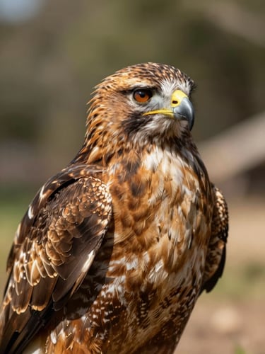 Close-up portrait of a rescued hawk at Que Onda Rapaz sanctuary, warm natural sunlight highlighting the detailed texture of its feathers, soft outdoor background, shallow depth of field.