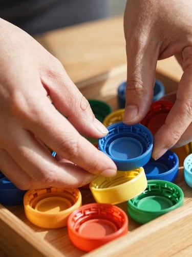 Close-up of hands sorting vibrant, colorful plastic bottle caps in a wooden tray, warm natural sunlight casting soft shadows, showing rich organic textures.