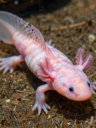 Macro photograph of a pink axolotl floating gracefully in crystal clear water, delicate feathery gills visible, soft natural lighting and organic textures, shallow depth of field.