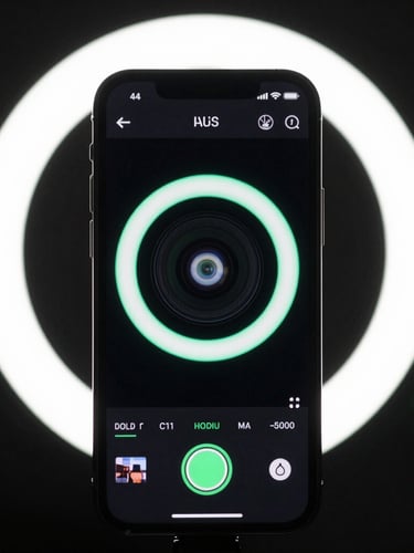 Raw smartphone mockup showing a high-contrast video editing interface, harsh ring light reflection, neon green accent glow, wide-angle lens.