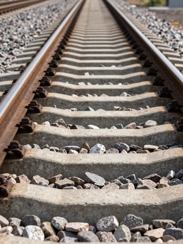 Low-angle heroic shot of newly laid heavy steel rail tracks stretching into the horizon, raw texture of concrete ties and ballast stone under harsh midday sun.