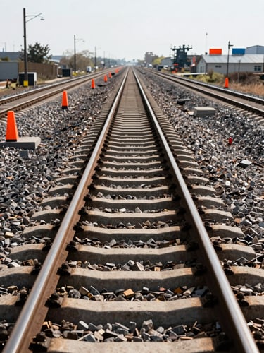 Wide-angle shot of completed rail lines stretching into the horizon, harsh midday sun, high-visibility safety orange accents on track markers.