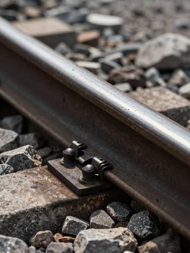 Tight macro shot of welded rail joints and ballast stone, high-contrast lighting emphasizing raw steel texture.