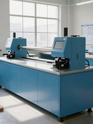 A bright, high-key industrial shop floor with clean slate-blue machinery, daylight streaming from high windows, and a physical visible planning board in the background, cool tones, 35mm
