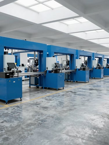 Wide-angle crisp photograph of a clean, modern manufacturing floor with overhead daylight, blue steel machinery, and an empty polished concrete floor, 35mm.