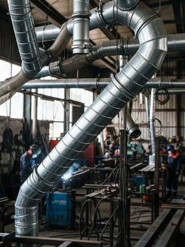 Industrial workshop in Batman, close-up of shiny galvanized steel Spiro ducts, natural high-contrast lighting, 35mm lens