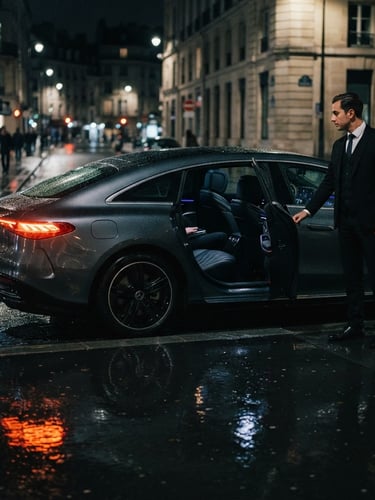 Cinematic side-profile shot of a sleek electric luxury sedan parked on a wet city street at night, glowing orange taillights reflecting on wet asphalt, professional chauffeur in a tailored dark suit holding the rear door open, 35mm photography, dramatic low-key lighting.