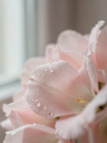 Close-up macro shot of rare pale pink petals with delicate water droplets, soft diffused window light, shallow depth of field, neutral plaster background