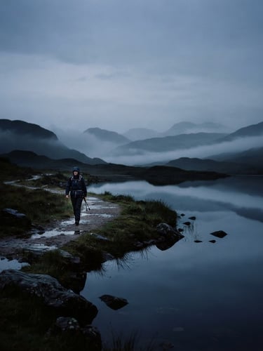 Solitary figure walking through a misty, reflective landscape at dawn, deep indigo and slate tones, 35mm, atmospheric, shallow depth of field, low horizon, figure off-center left.