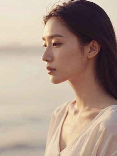 A serene, minimalist portrait of a woman in quiet contemplation, soft-focused, bathed in diffused golden hour light, warm cream tones, shallow depth of field, 35mm