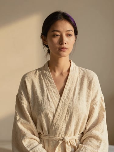 Minimalist portrait of a female holistic healer in a serene cream-toned linen robe, soft golden-hour light, warm and authentic atmosphere