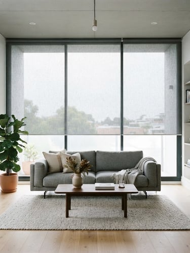 Straight-on architectural shot of a bright modern living room in Canning, natural daylight streaming through a large window with an installed grey roller sunscreen curtain, showing high-quality fabric texture and clean lines, 35mm