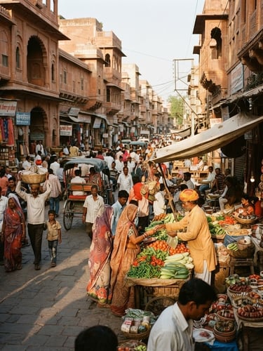 Candid photojournalism of a busy street market in Jaipur, natural sunlight casting long shadows on terracotta sandstone buildings, 35mm film grain
