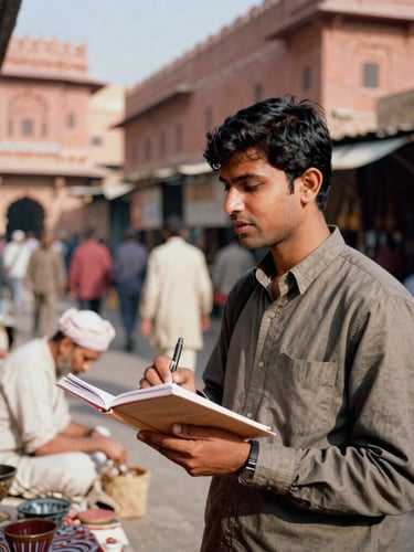 Candid documentary photograph of a young Indian journalist with a notebook talking to a local artisan in a bustling Jaipur market street, warm morning sunlight, terracotta-hued sandstone walls in the background, 35mm film grain style.