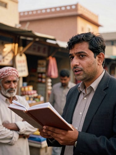 A candid medium close-up of a journalist holding a notebook, speaking with a local shopkeeper in a bustling Jaipur market, warm golden hour light.
