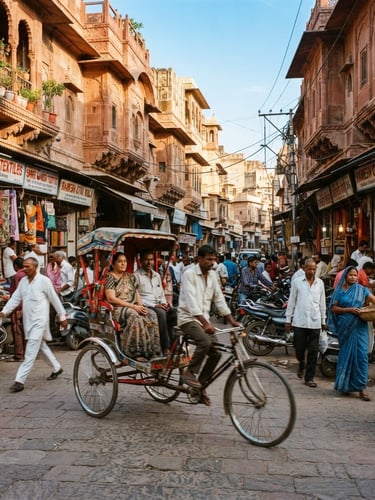 Candid photojournalism of a busy street corner in Jaipur's Walled City, natural morning sunlight hitting terracotta sandstone facades, pedestrians and a cycle rickshaw in motion, 35mm documentary style.